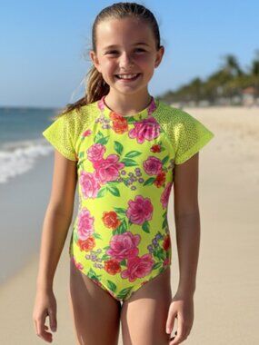 Art Class Girls Floral One Piece Swimsuit Neon Multi Size Small 6/7 NWT